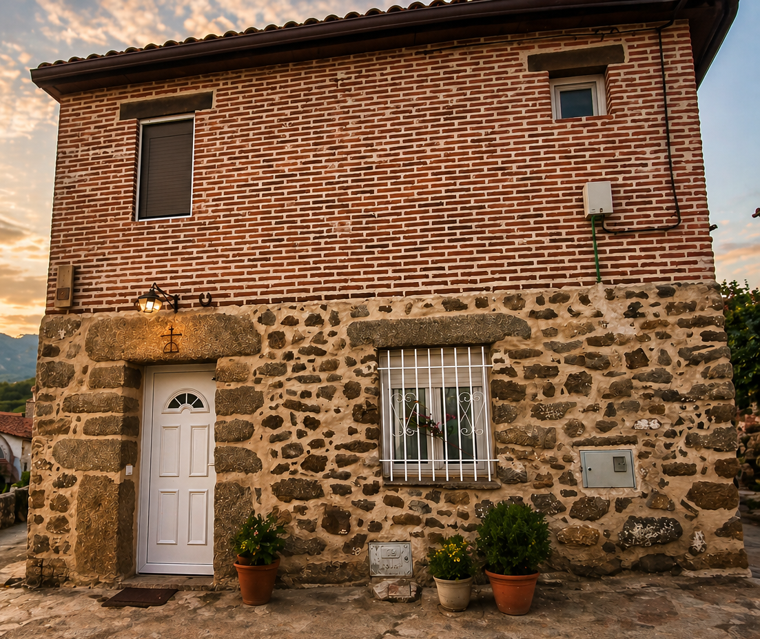 A rustic two-story house with a red brick upper level and stone lower level, featuring a white door and window bars.